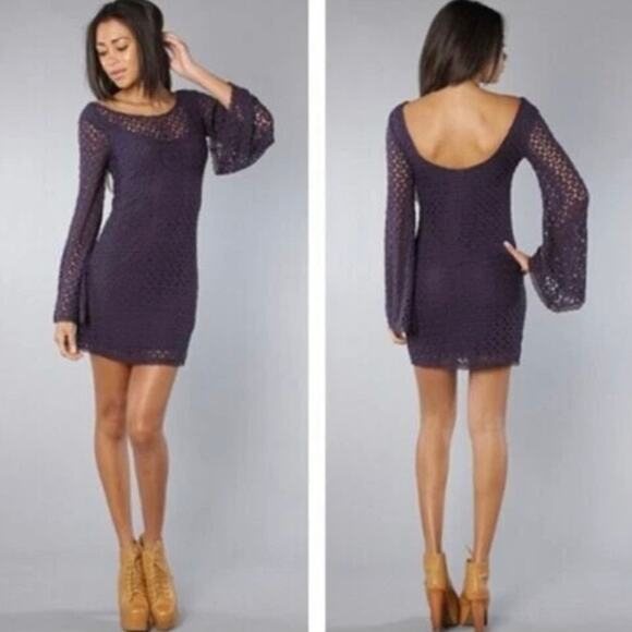 Free People Dress Medium Navy Crochet Lace Lined Boho Whimsigoth Bell Sleeve - Picture 4 of 16